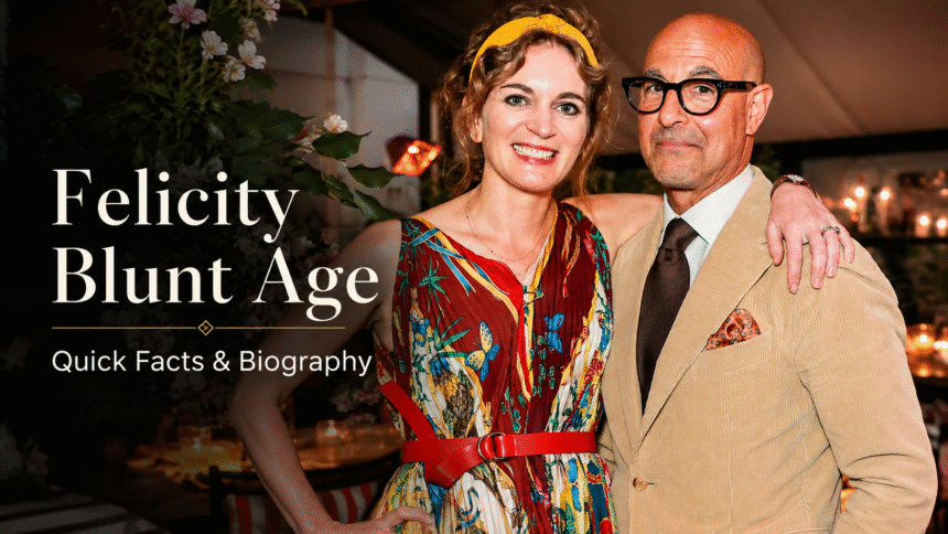 Felicity Blunt age biography blog image with a couple at an indoor event.