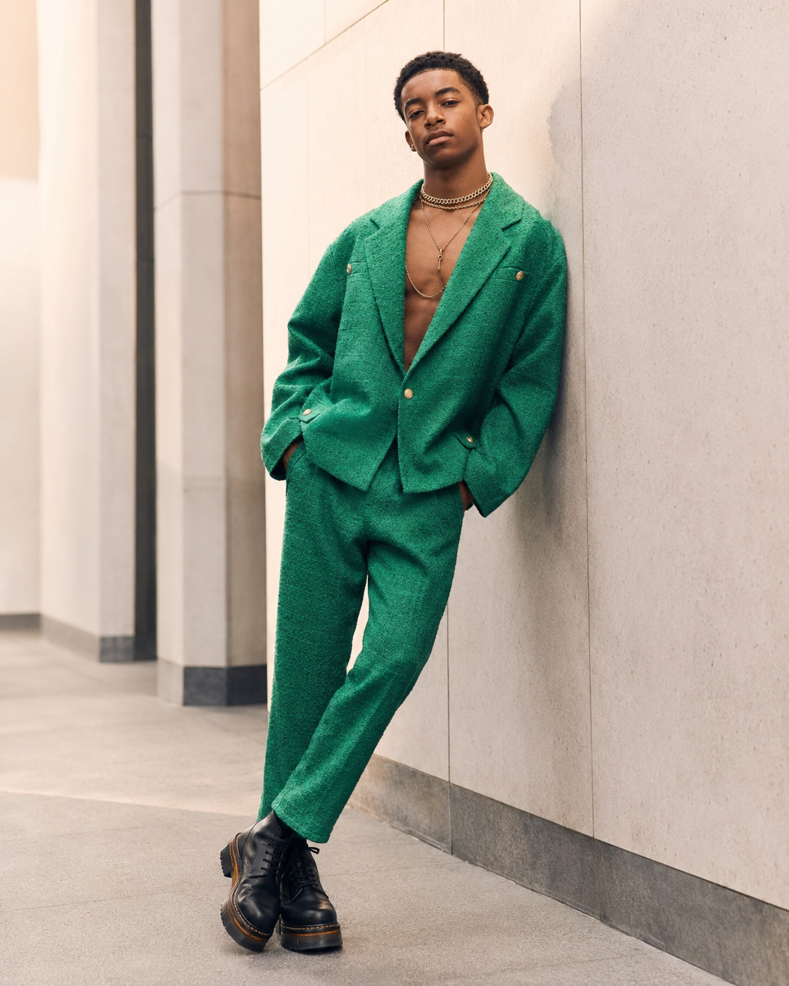 Young model in a green textured suit posing in an urban setting.